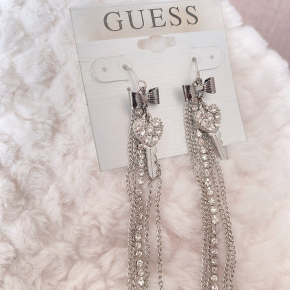 Guess Silver Tone Long Tassel Bow Drop Earrings NWT - Picture 2 of 6